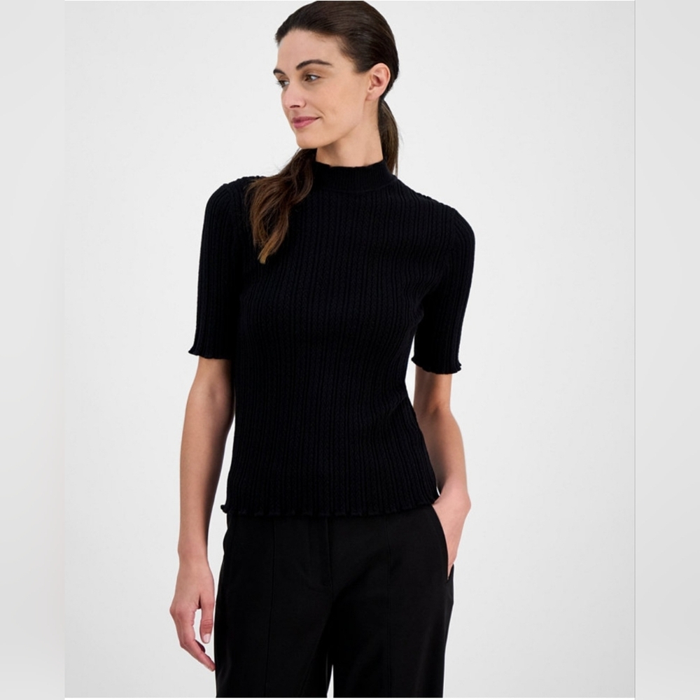 ANNE KLEIN WOMEN'S BLACK SHORT SLEEVE CABLE KNIT SWEATER NWT